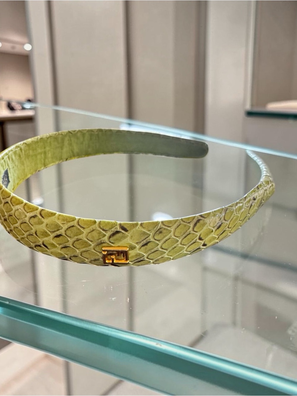 Fendi Green Snakeskin Pattern Headband with Gold FF Plaque